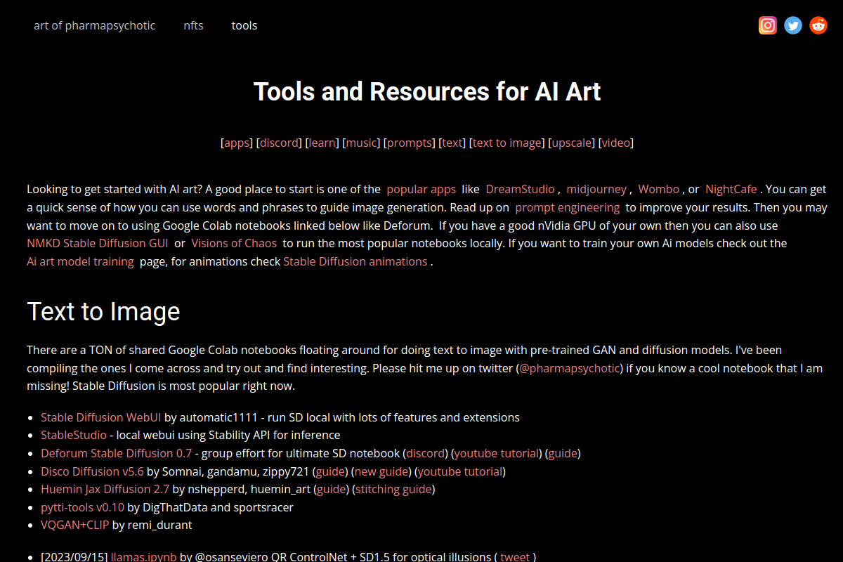 Tools and Resources for AI Art website screenshot 1