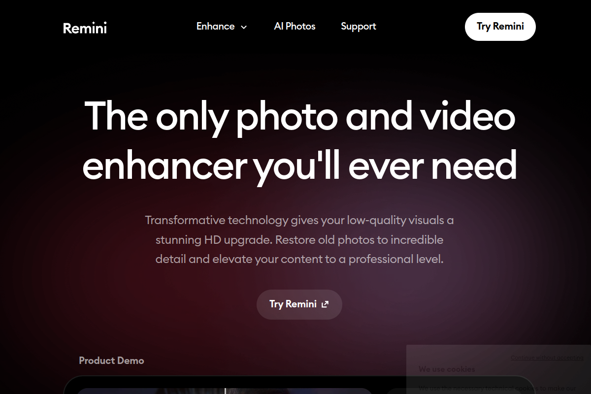 Remini - AI Photo Enhancer website screenshot 1