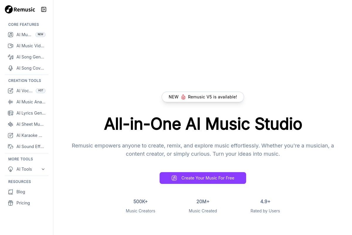 Remusic website screenshot 1