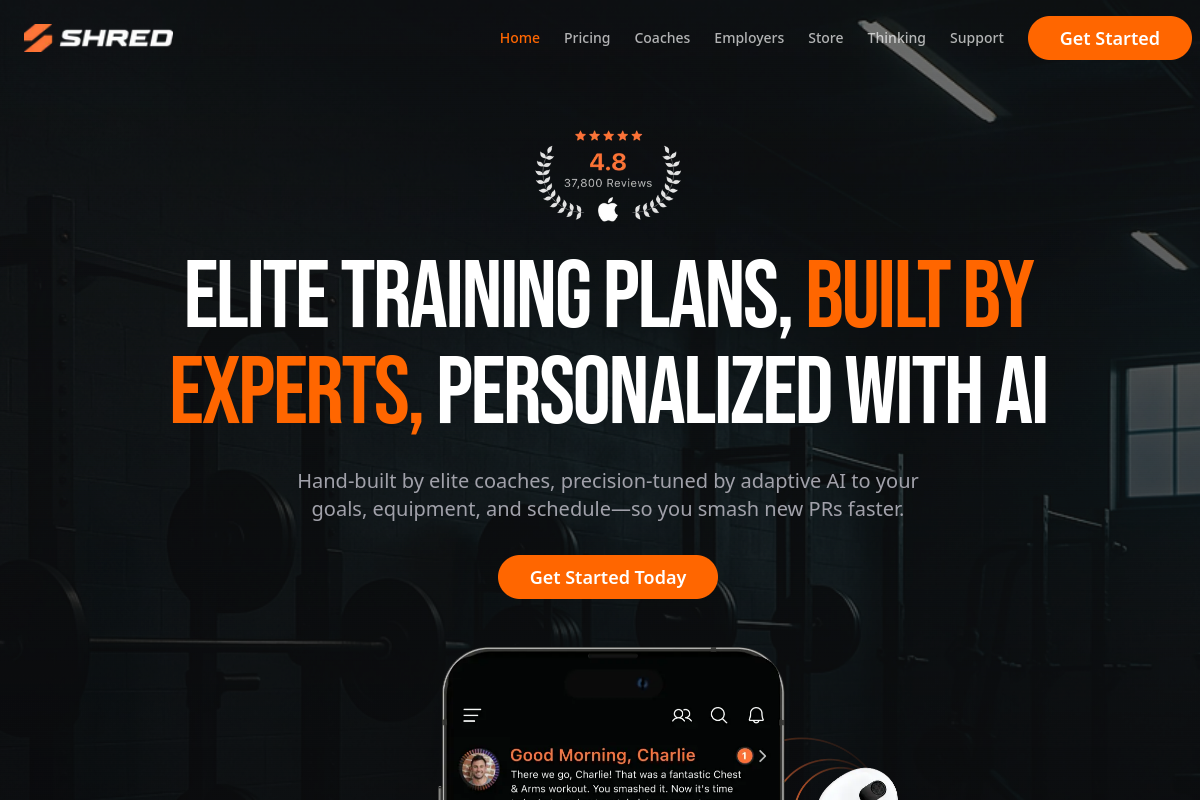 SHRED: Elite Training Plans, Personalized by AI website screenshot 1