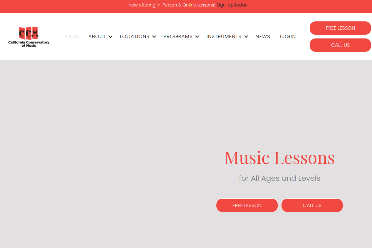 Homepage screenshot of California Conservatory of Music, captured July 12, 2026