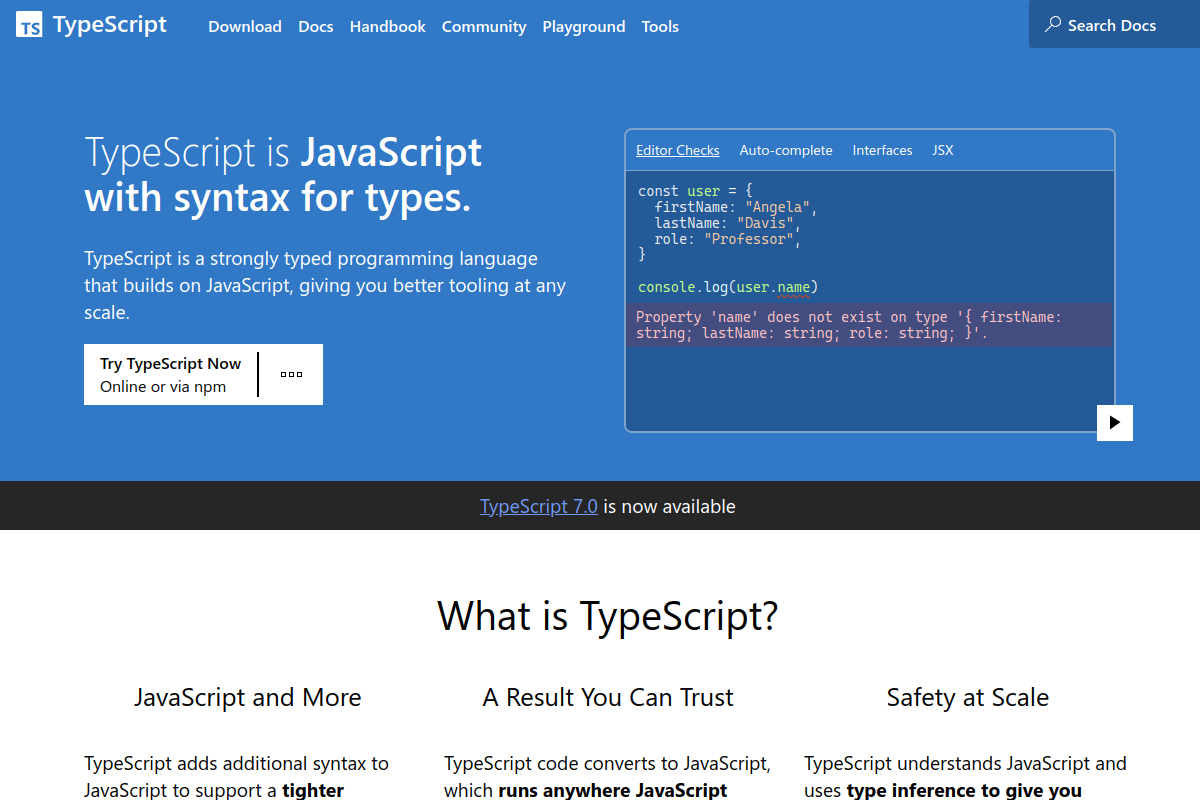 TypeScript 官方文档官网首页截图
