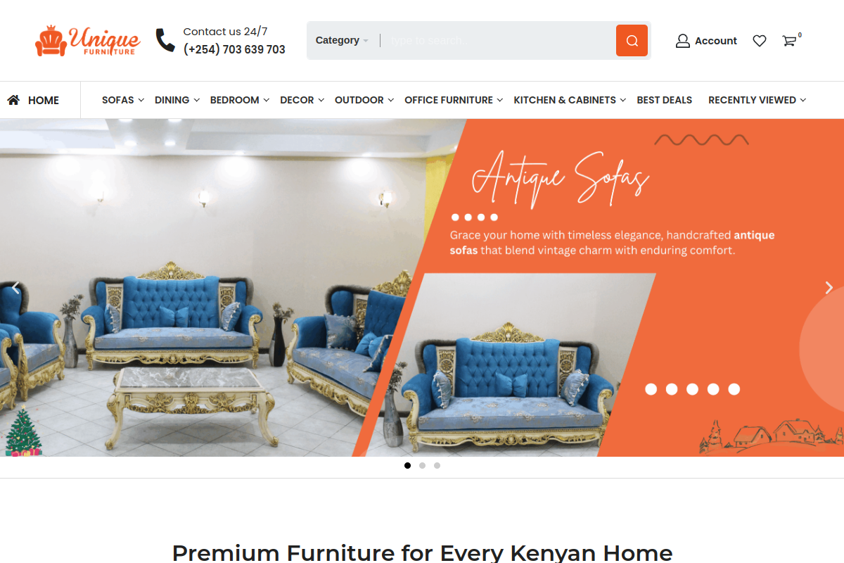 Unique Furniture Kenya e-commerce store homepage — built by Zayara Labs