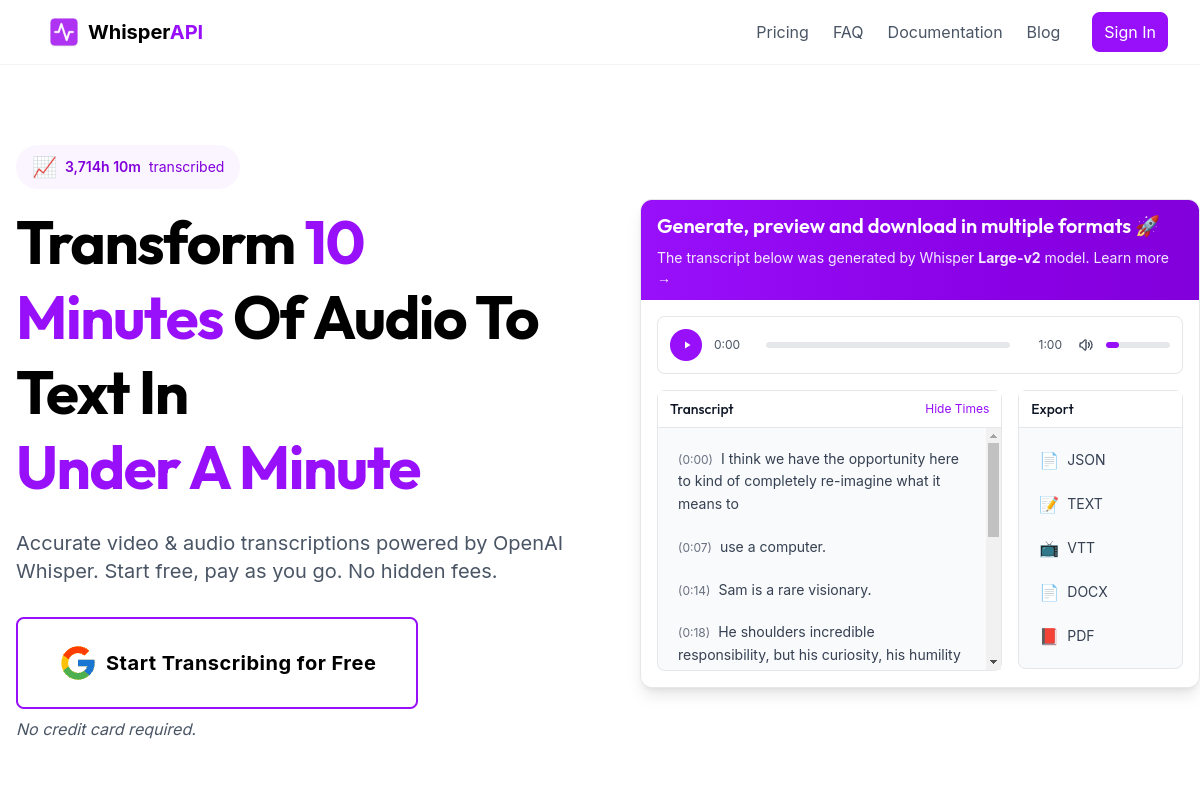 Whisper API website screenshot 1
