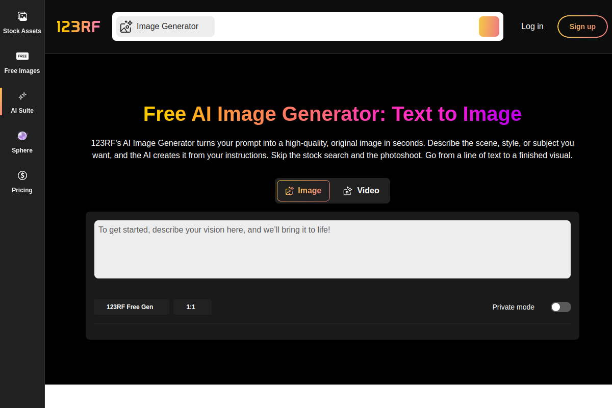 123RF AI Image Generator website screenshot 1
