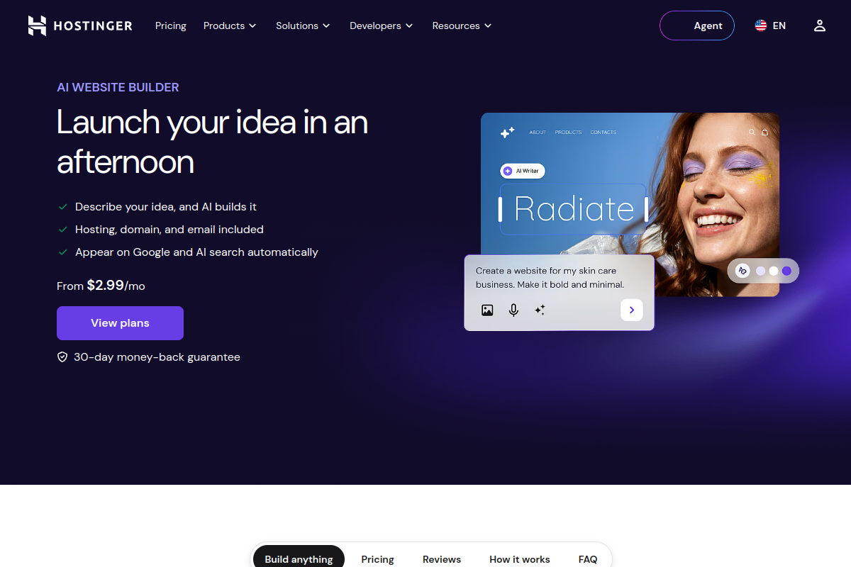 Hostinger AI Website Builder official homepage preview