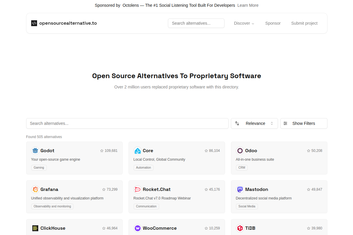 Screenshot of opensourcealternative.to