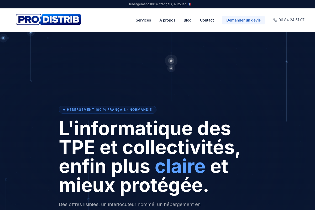 Page d’accueil du site PRODISTRIB