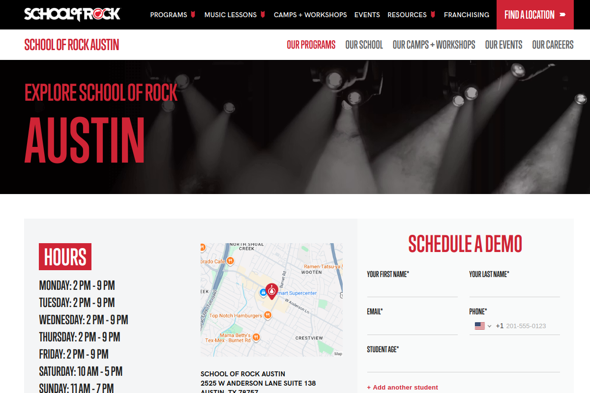 Homepage screenshot of the School of Rock Austin location page, captured July 12, 2026