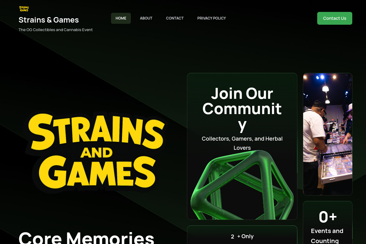 Strains & Games homepage preview