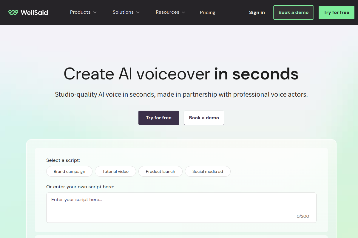 WellSaid website screenshot 1