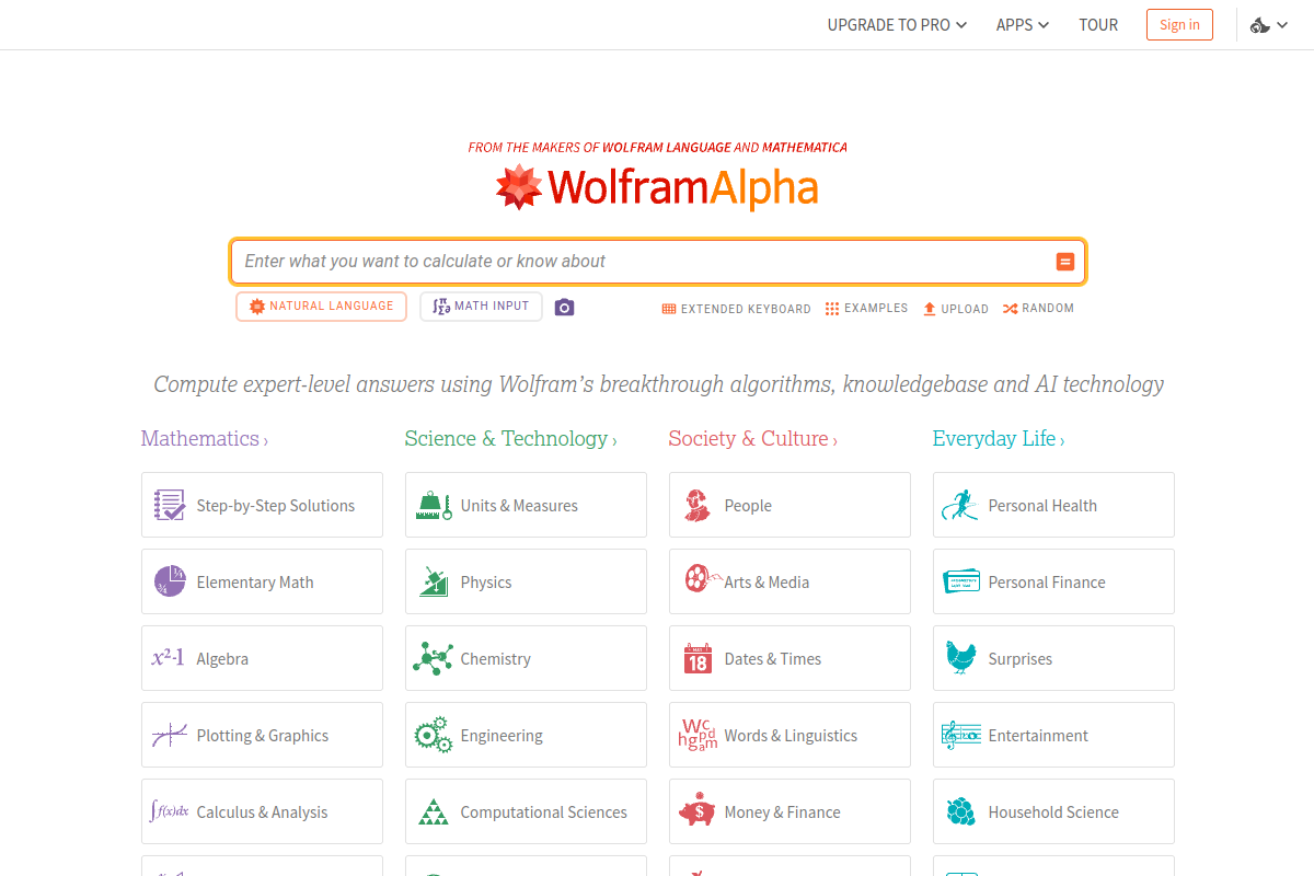 Wolfram Alpha website screenshot 1