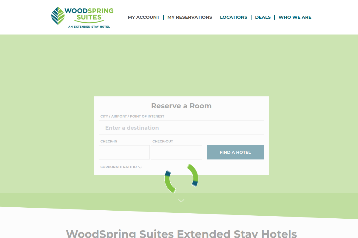 Dated visual capture of the WoodSpring Suites public homepage