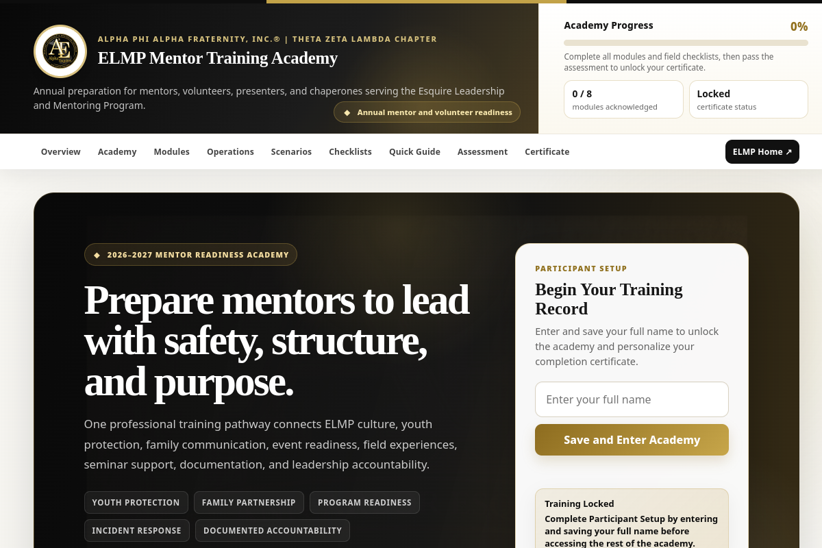 Homepage capture of a2ementortraining.org, the ELMP Mentor Training Academy public website