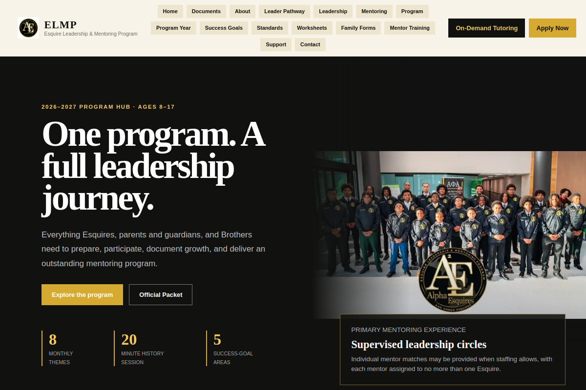 Homepage capture of a2esquires.org, the Esquire Leadership and Mentoring Program public website