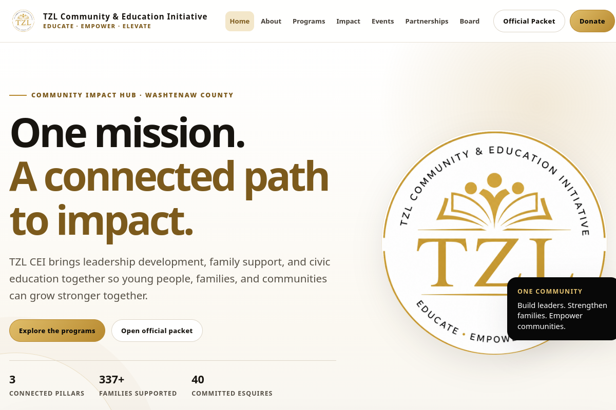 Homepage capture of tzlcei.org, the TZL Community and Education Initiative public website