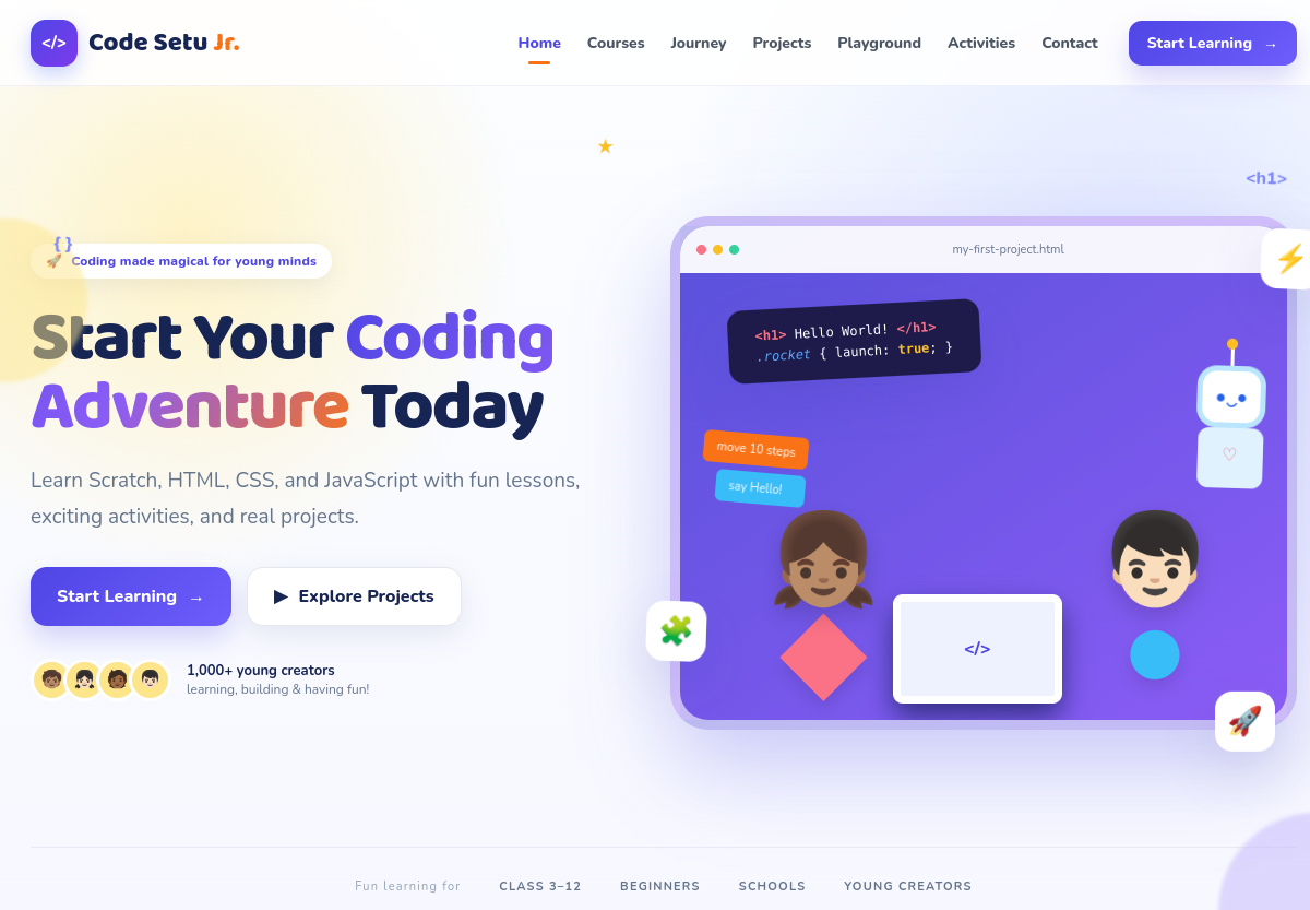 Code Setu Jr. coding education website home page preview