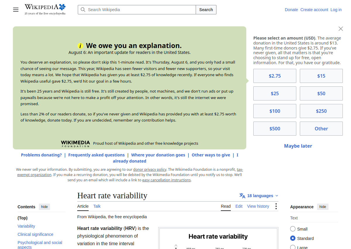 Screenshot of the Wikipedia heart rate variability overview used for basic background