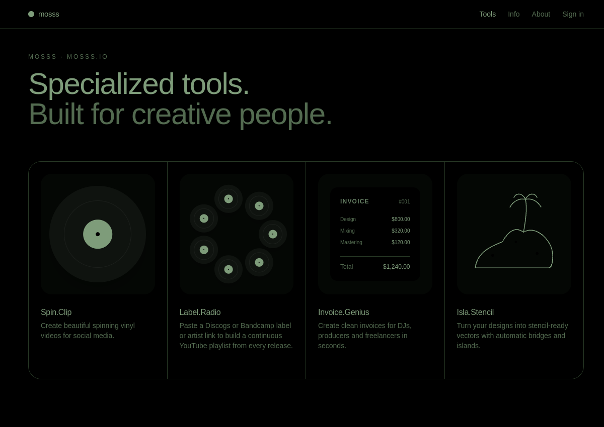 Preview of the mosss.io homepage