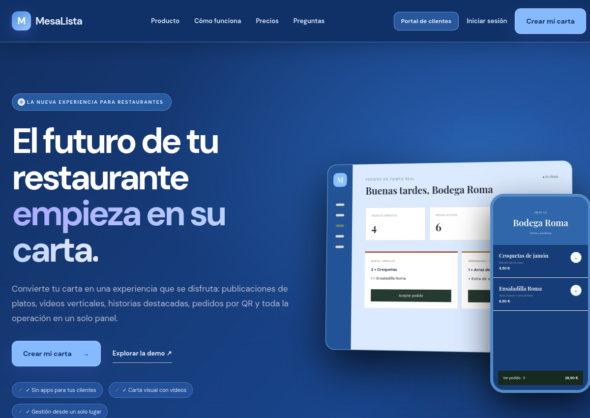 Captura de la página pública de MesaLista
