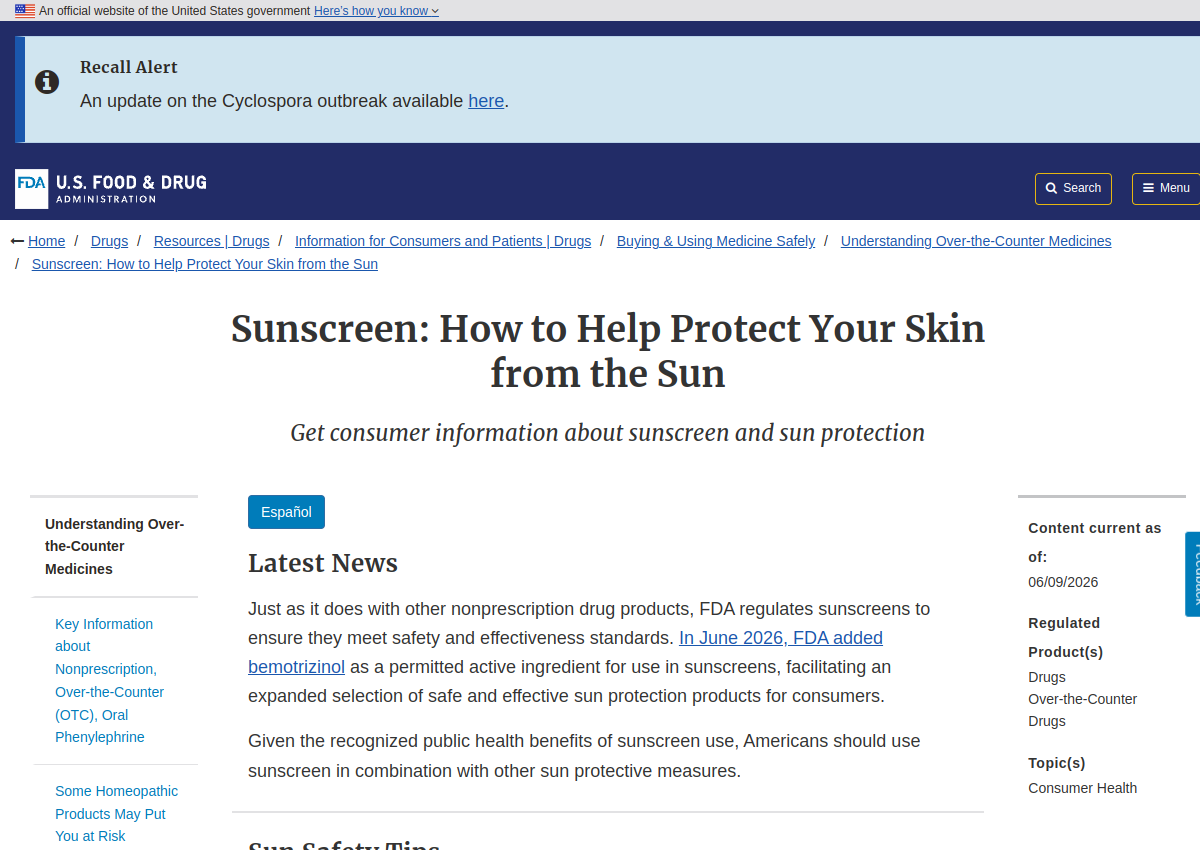 FDA sunscreen guidance and 2026 update
