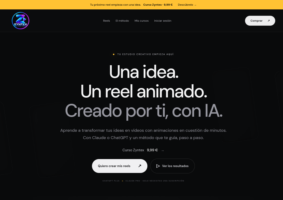 Captura de la página pública de Zyntex