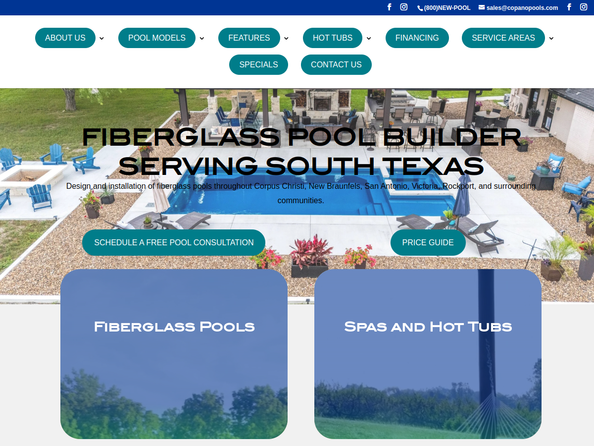 Copano Pools and Spas website screenshot