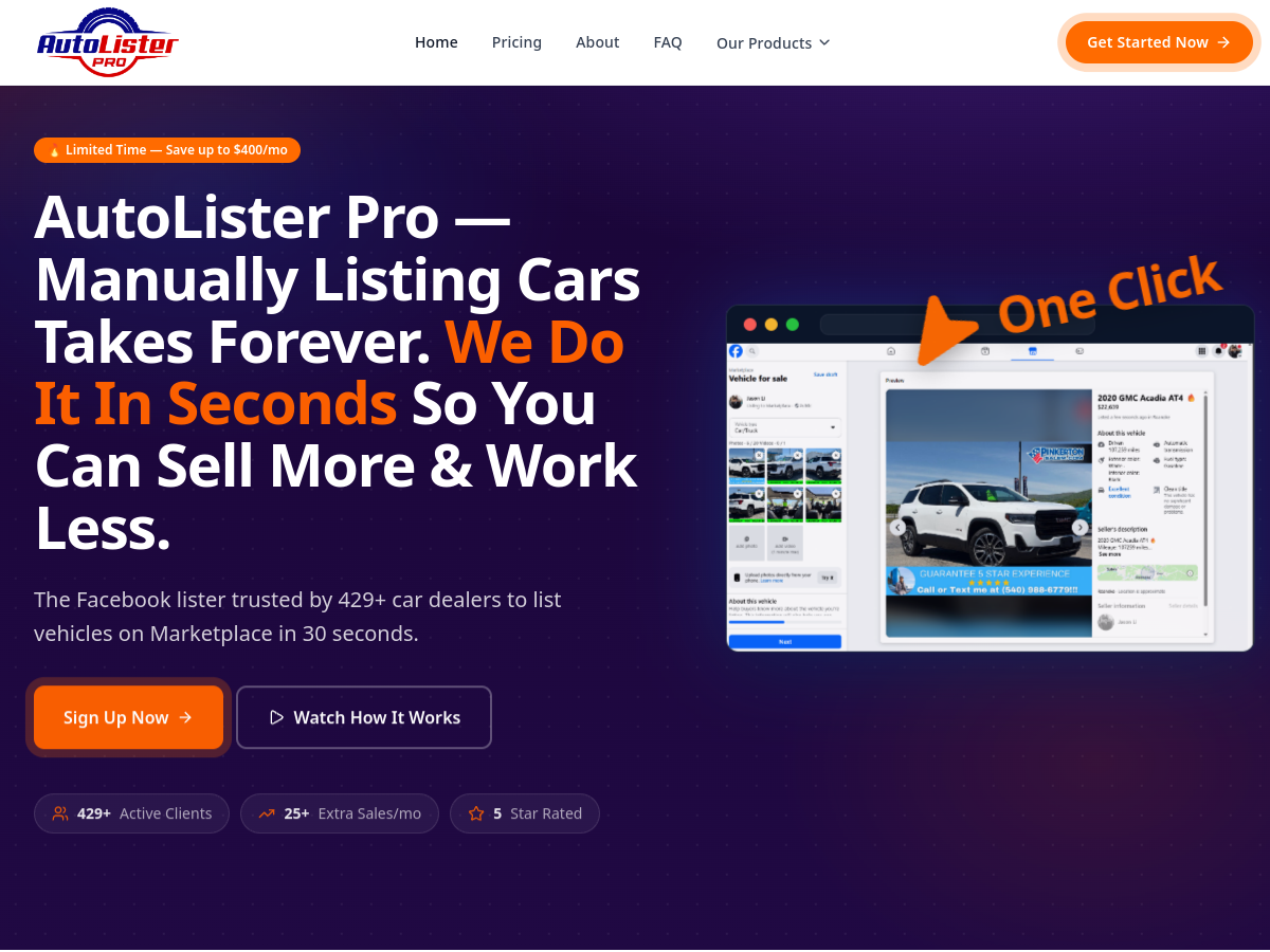 Live screenshot of AutoLister Pro website