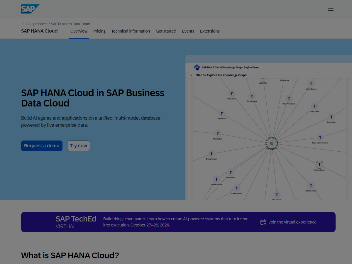 官网首页：SAP HANA Cloud 界面预览（ 截图）