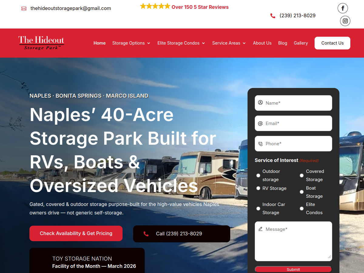 The Hideout Storage Park website screenshot