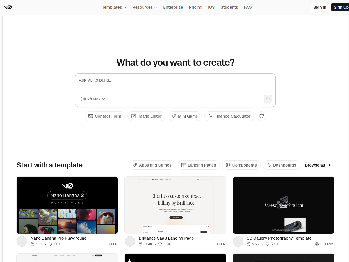 v0 by Vercel website screenshot