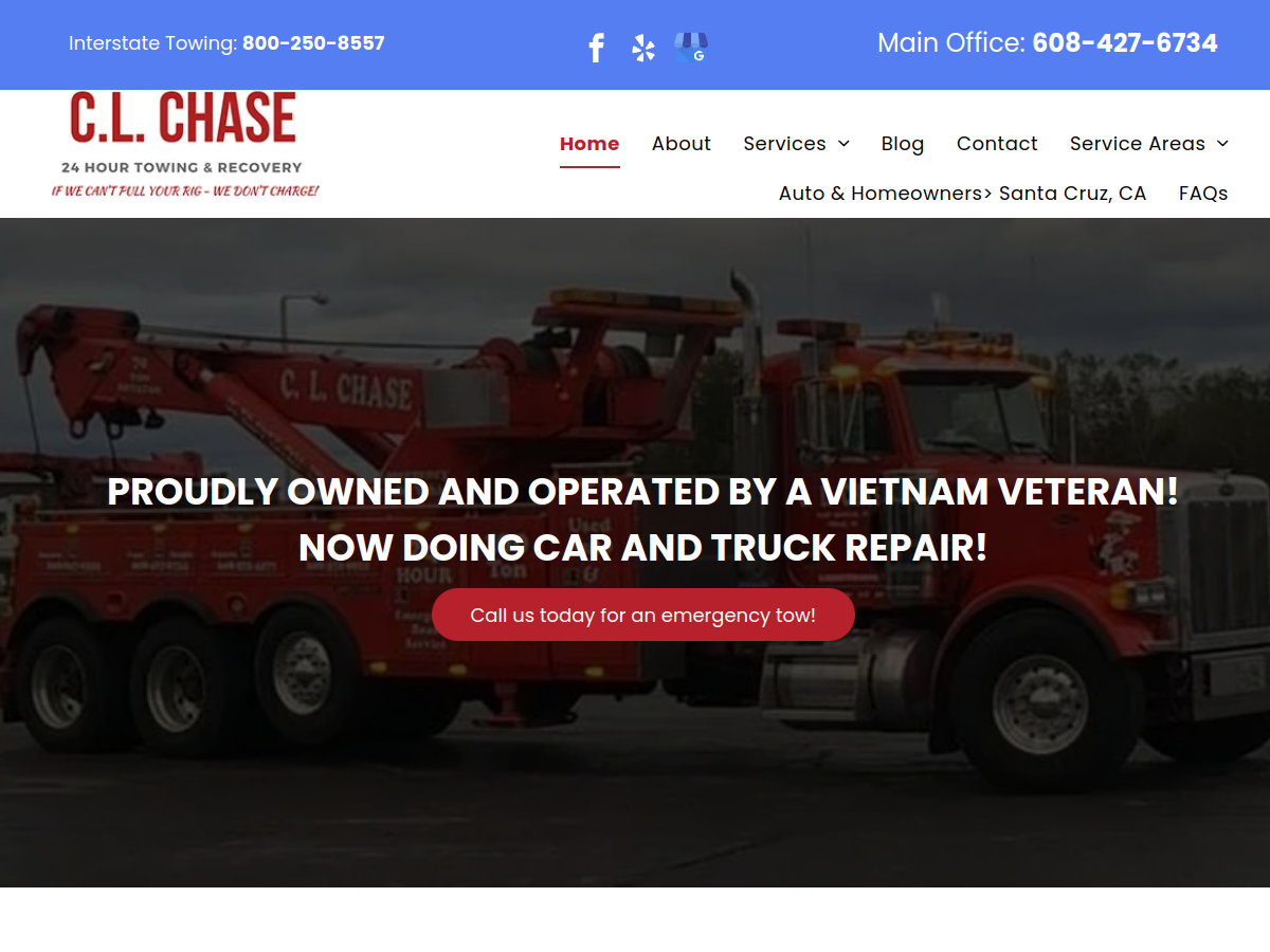 C. L. Chase 24 Hour Towing & Recovery website screenshot