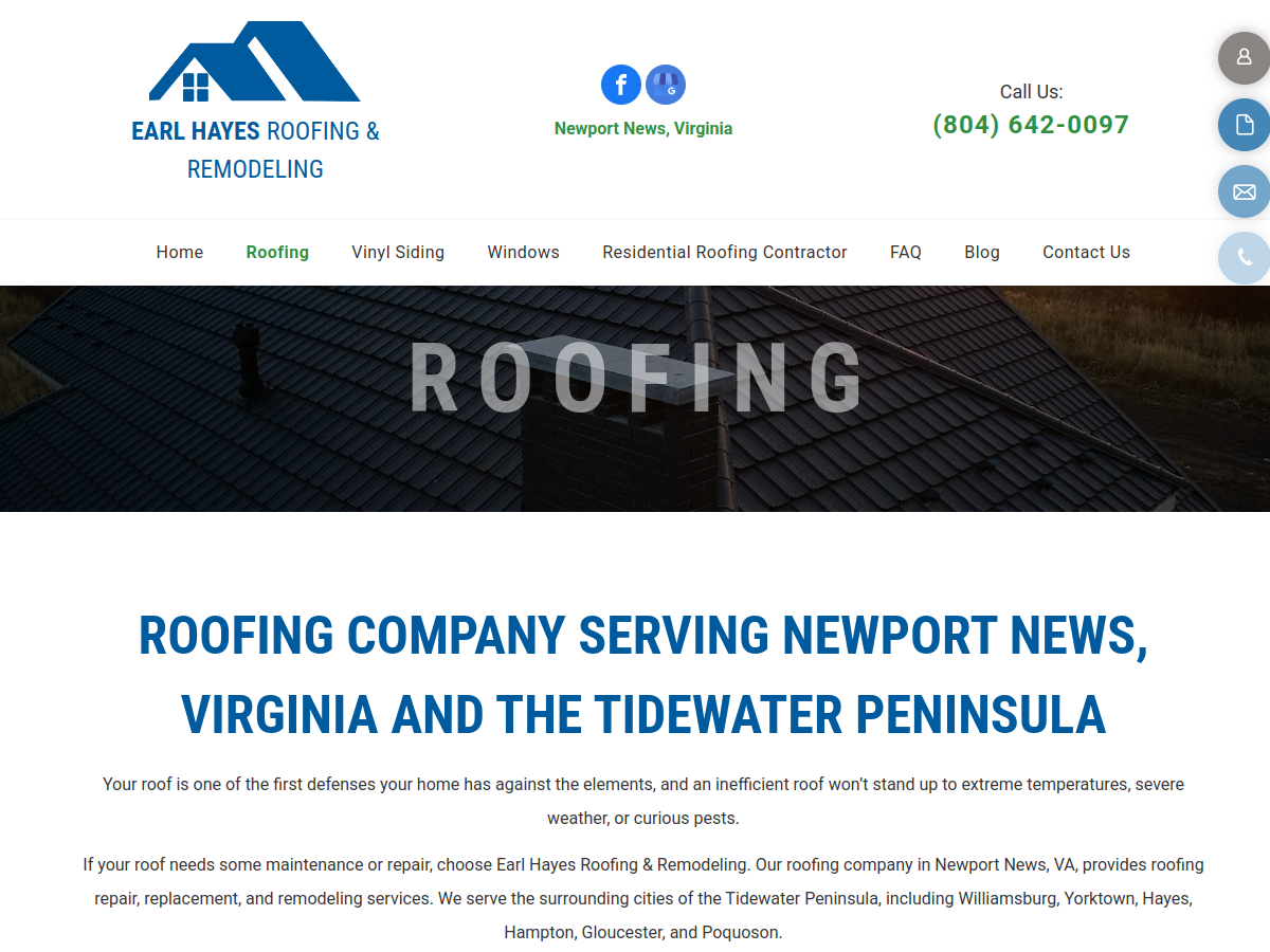 Earl Hayes Roofing & Remodeling website screenshot
