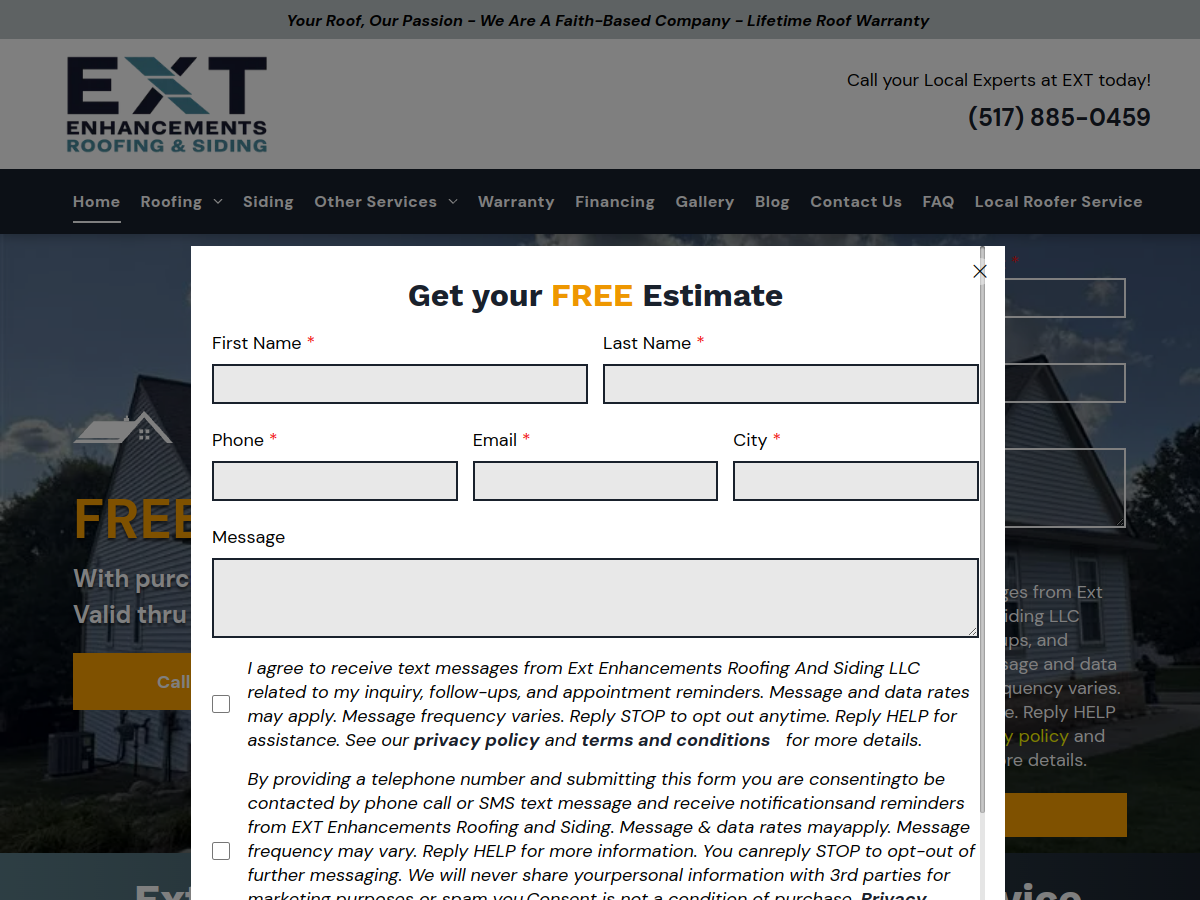EXT Enhancements Roofing & Siding LLC website screenshot