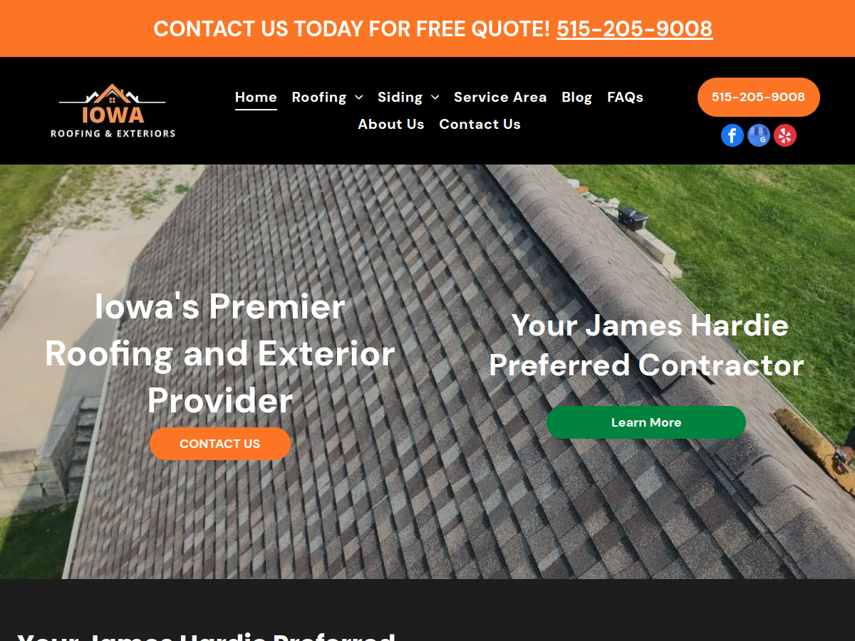 Iowa Roofing & Exteriors website screenshot