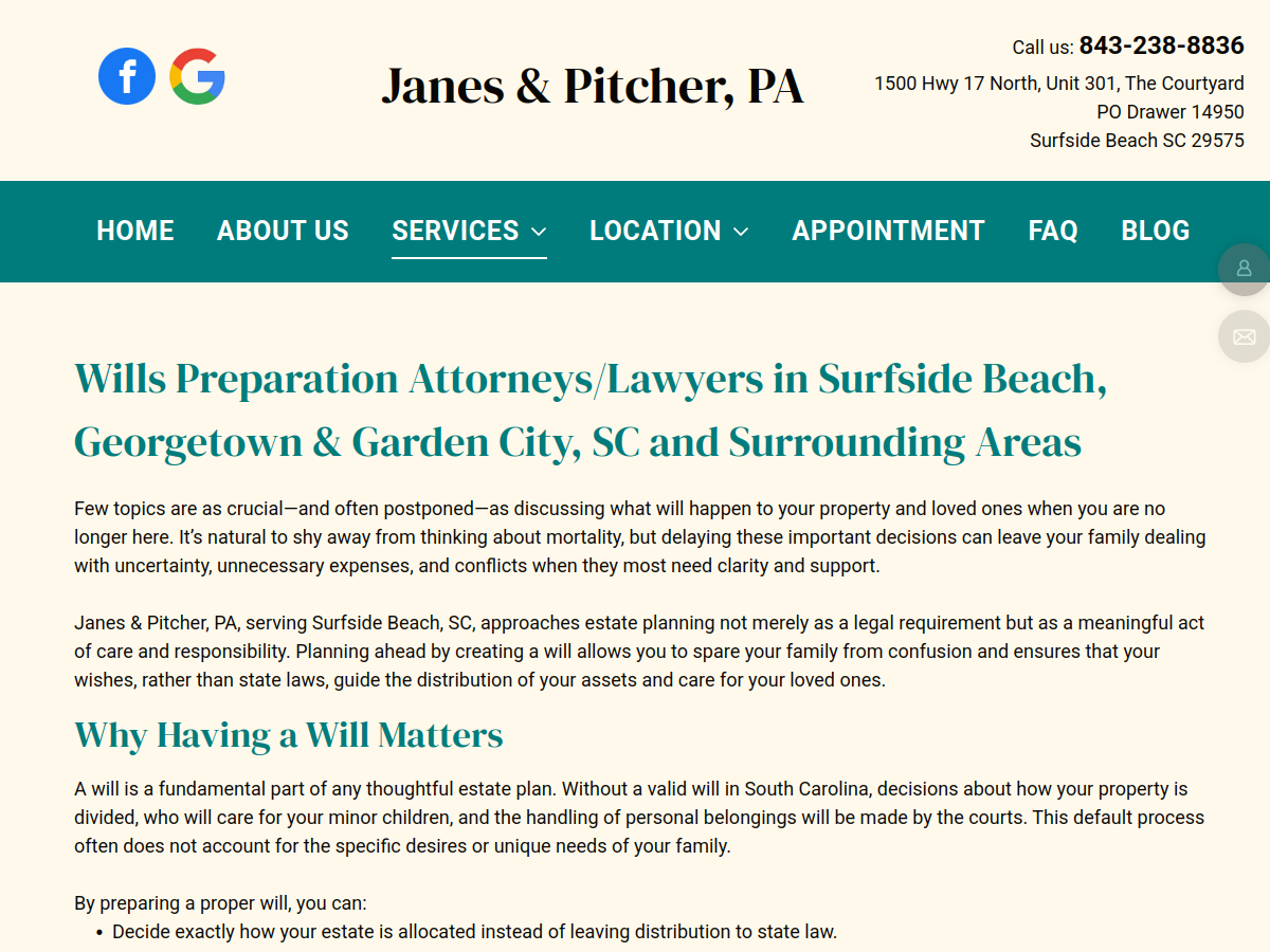 Janes & Pitcher, PA website screenshot