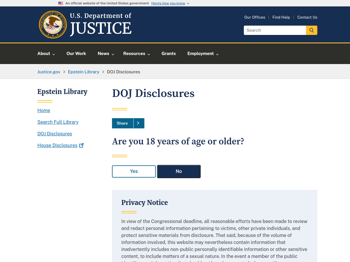 Print do site oficial do Departamento de Justiça dos Estados Unidos com os arquivos Epstein
