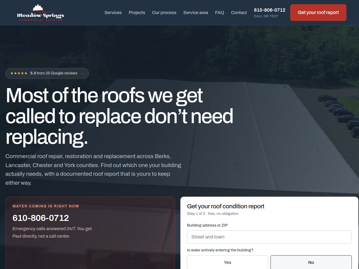 Meadow Springs Commercial Roofing website screenshot