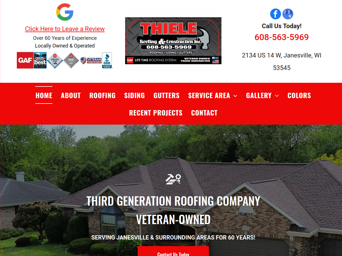 Thiele Roofing & Construction website screenshot