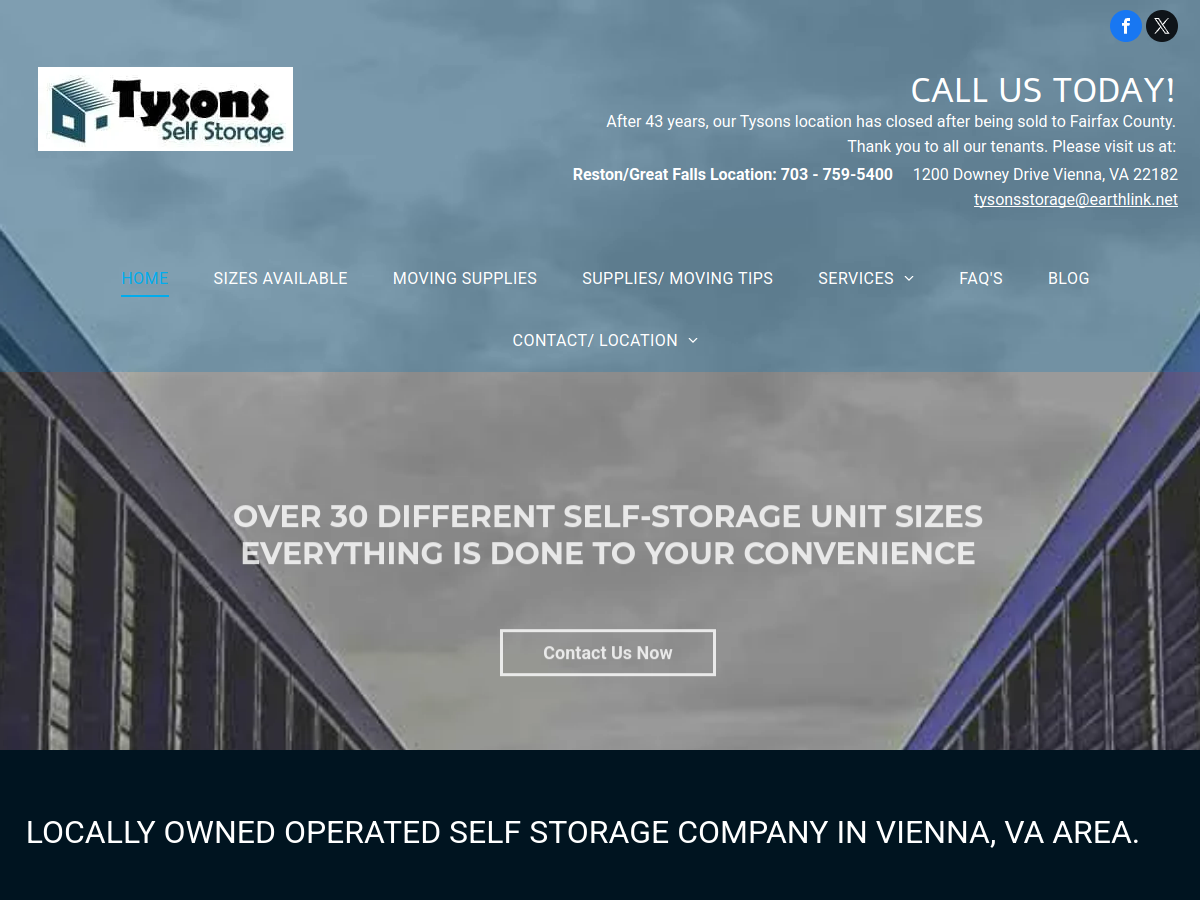 Tysons Self Storage website screenshot