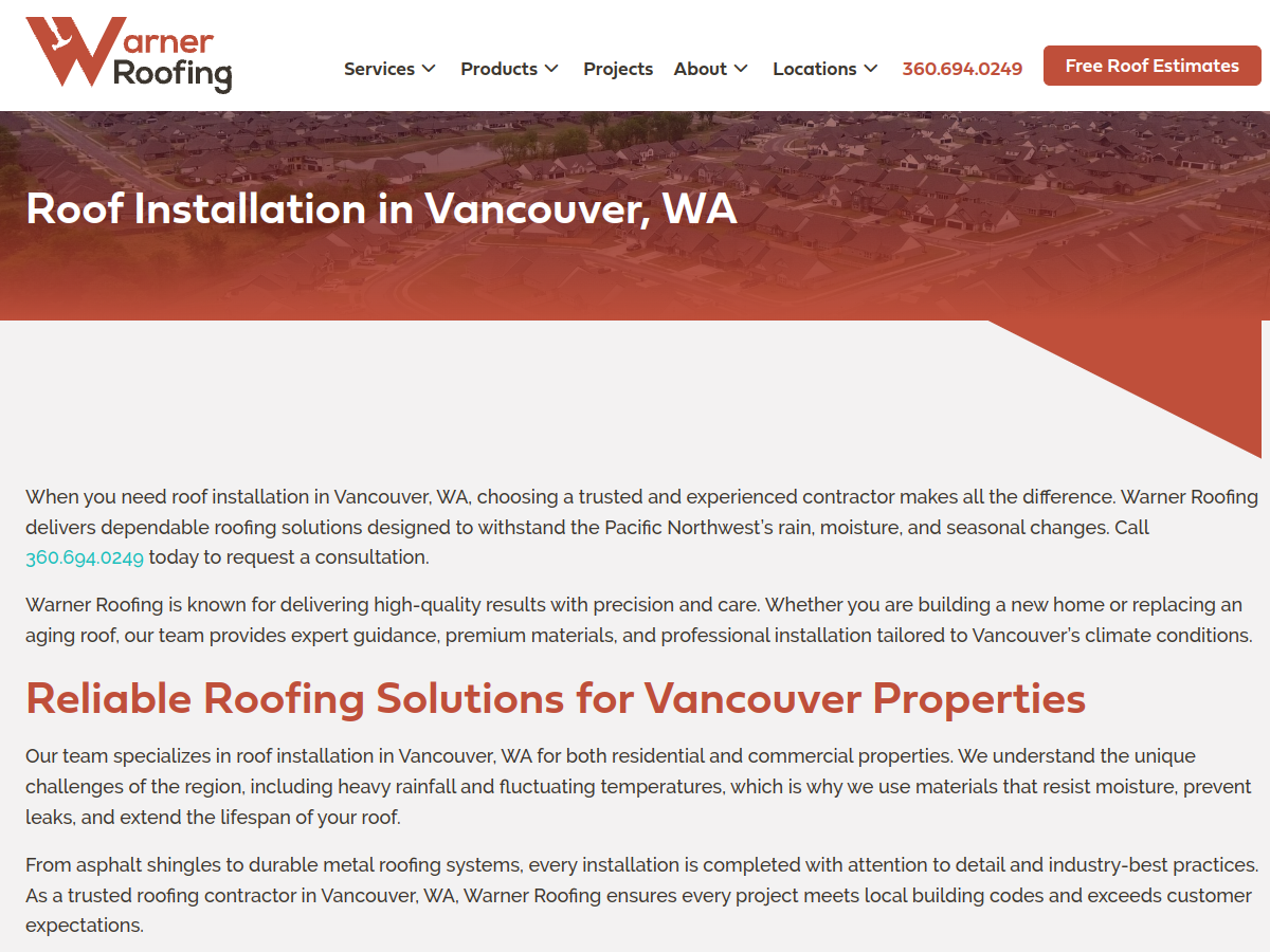 Warner Roofing & Construction, Inc. website screenshot