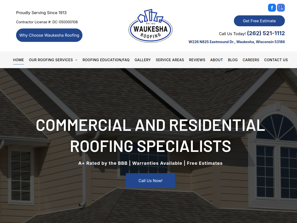 Waukesha Roofing & Sheet Metal, Inc. website screenshot