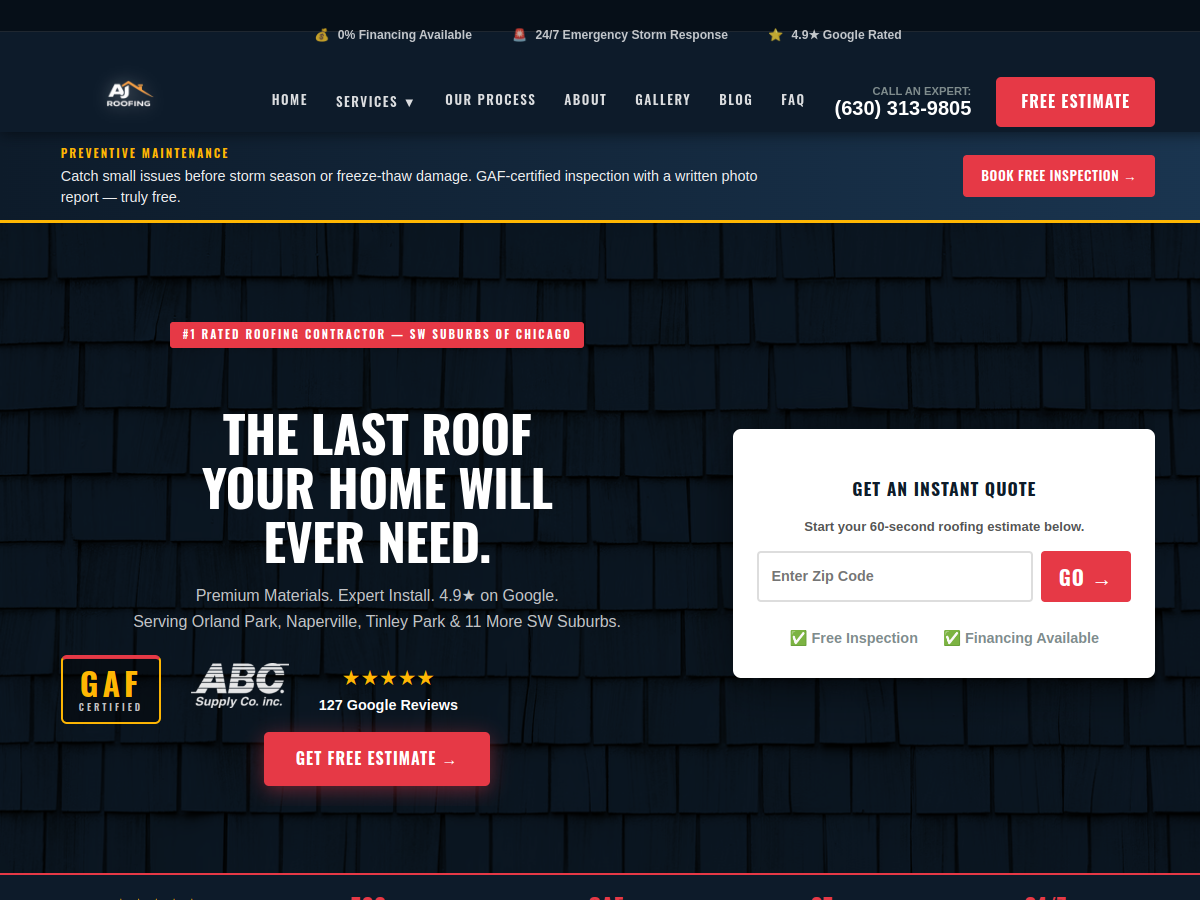 Zrzut ekranu strony AJ Roofing
