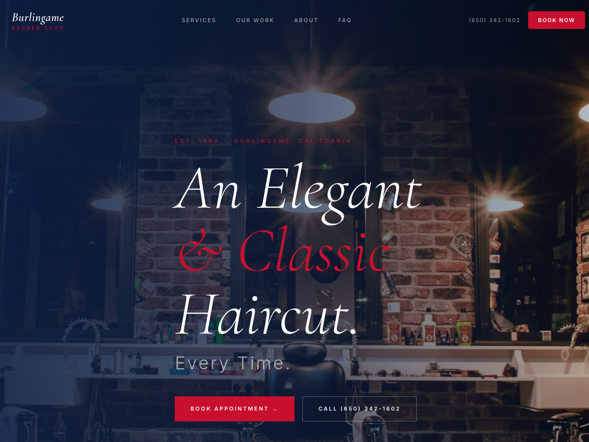 Screenshot of the Burlingame Barber Shop website built by Ops Ranked
