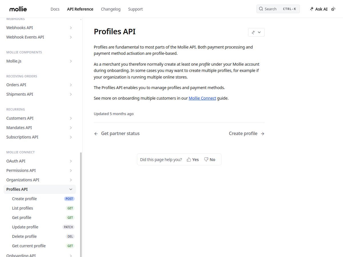 Mollie profiles API docs screenshot