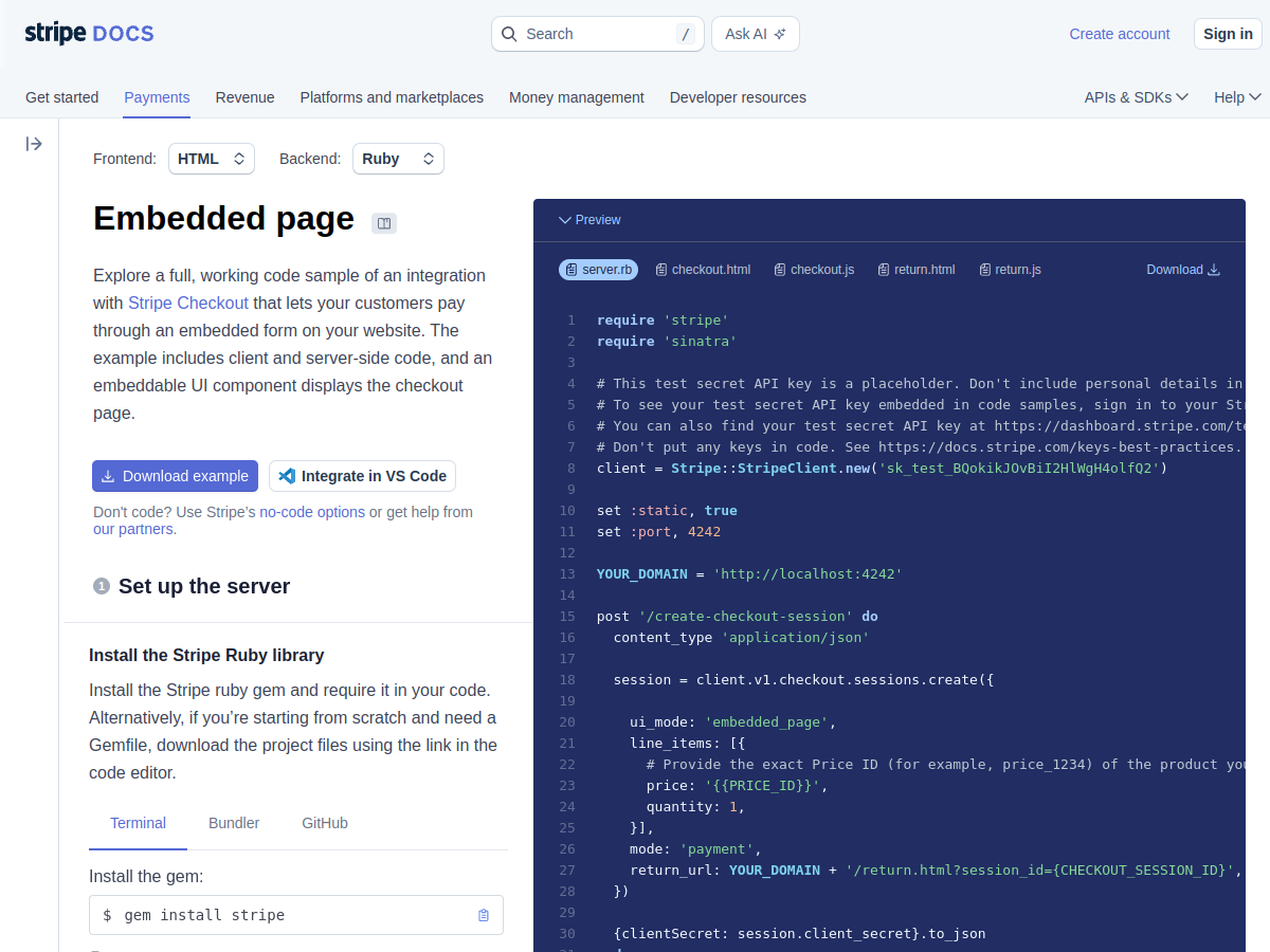 Stripe embedded checkout docs screenshot