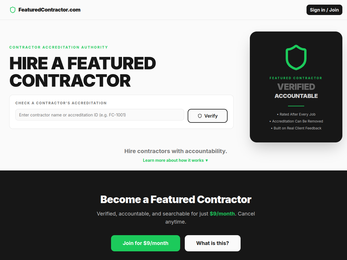 Featured Contractor website screenshot