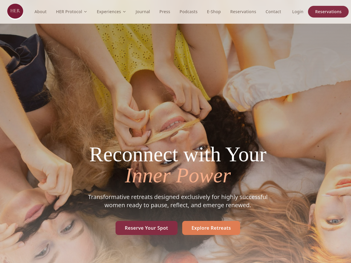 HER Retreats homepage screenshot