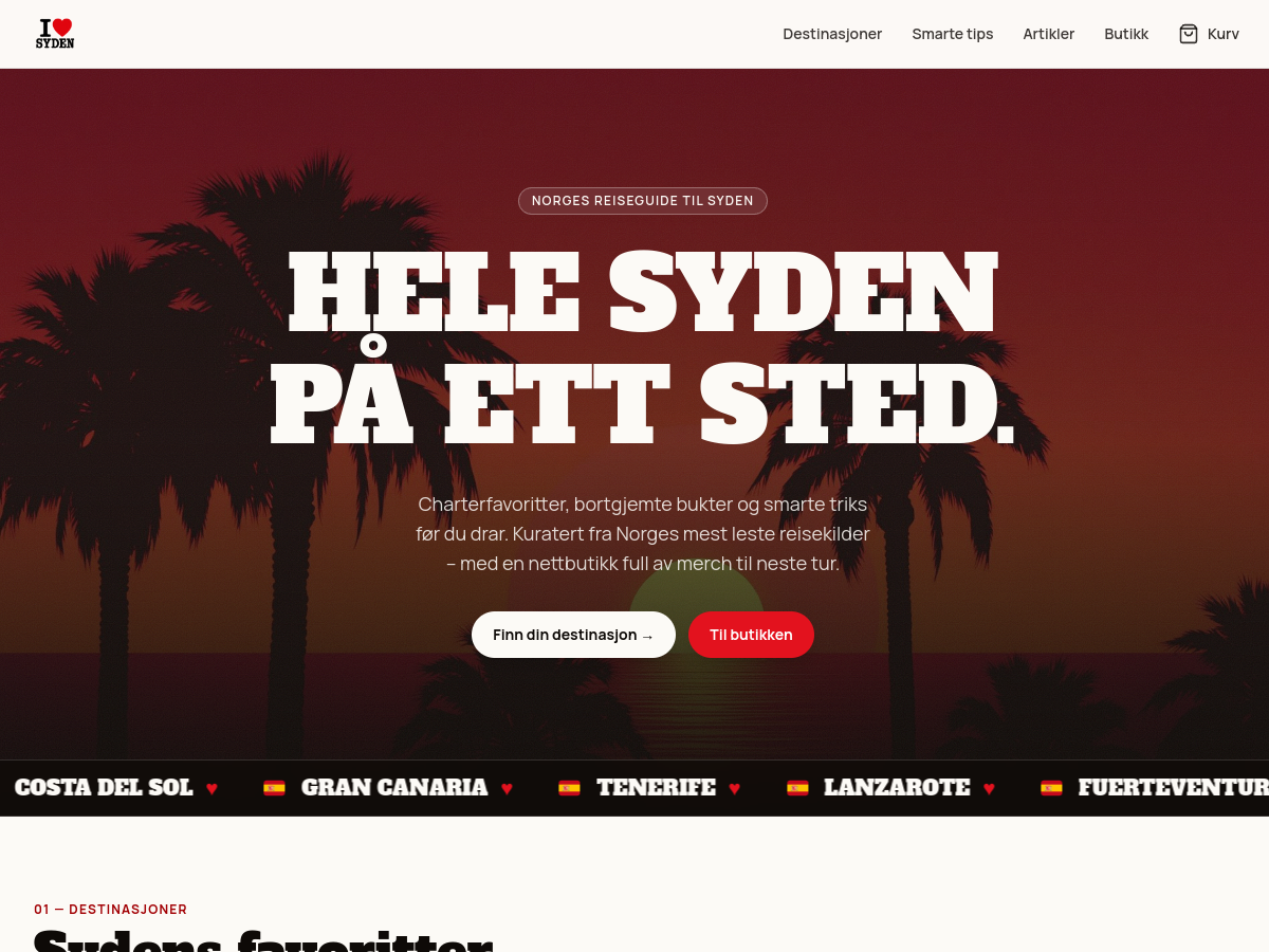 Skjermbilde av nettsiden til I Hjerte Syden