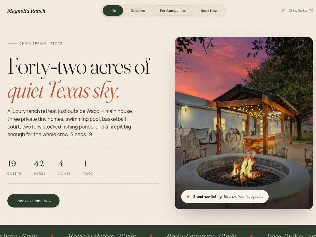 Magnolia Ranch Waco short-term rental website designed by RankCTX